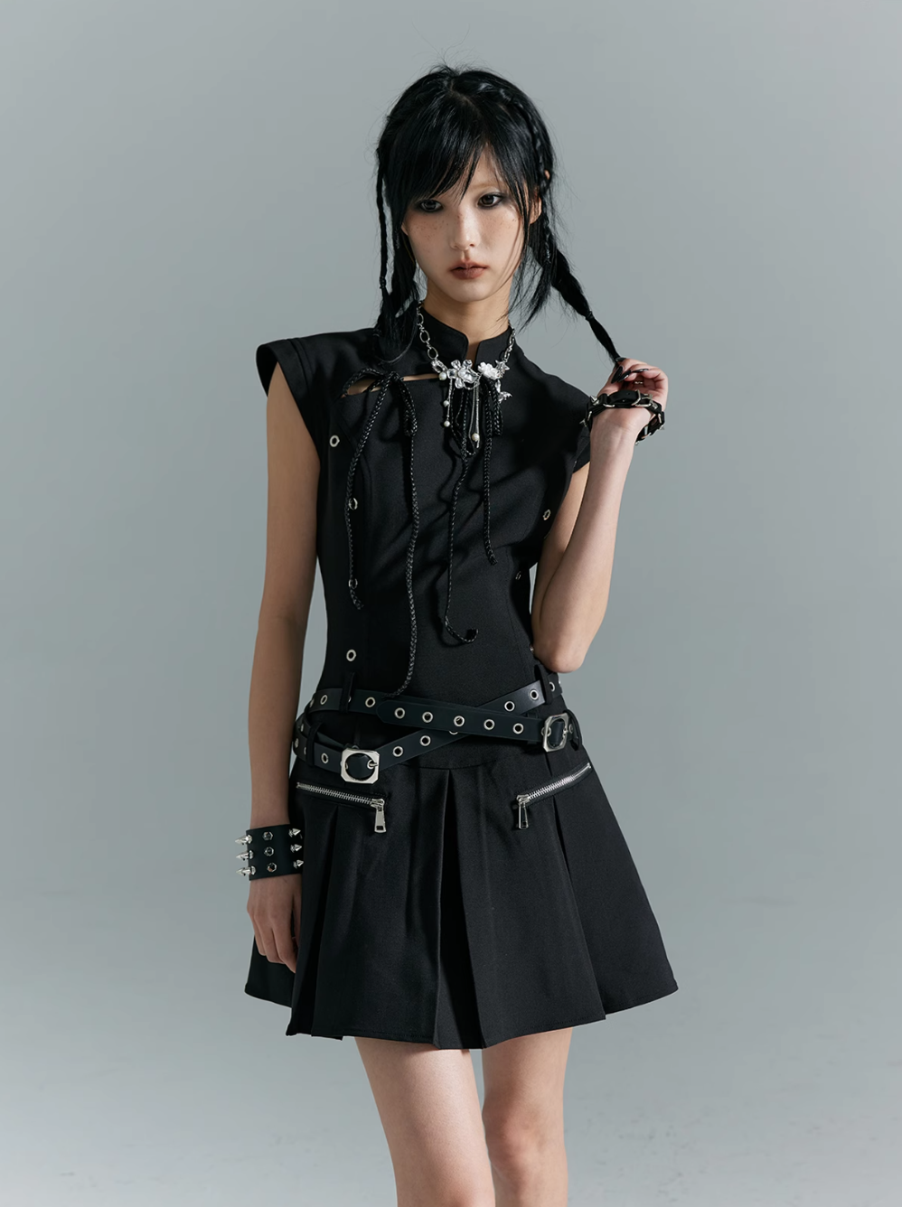 Frustration Garden Gothic Punk Mini Dress - Black Sleeveless A-line With Zipper Pockets and Belt