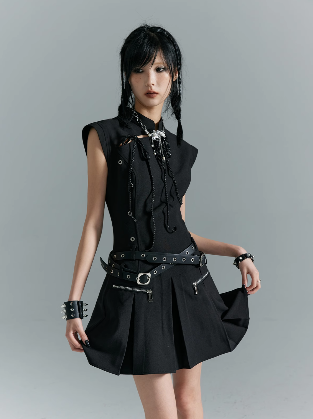 Frustration Garden Gothic Punk Mini Dress - Black Sleeveless A-line With Zipper Pockets and Belt