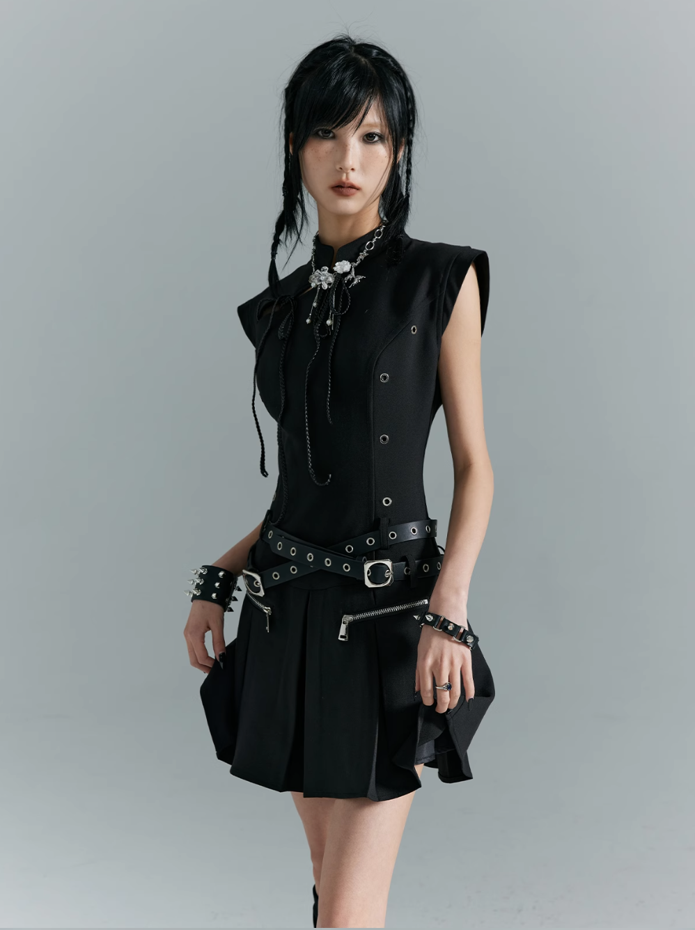 Frustration Garden Gothic Punk Mini Dress - Black Sleeveless A-line With Zipper Pockets and Belt