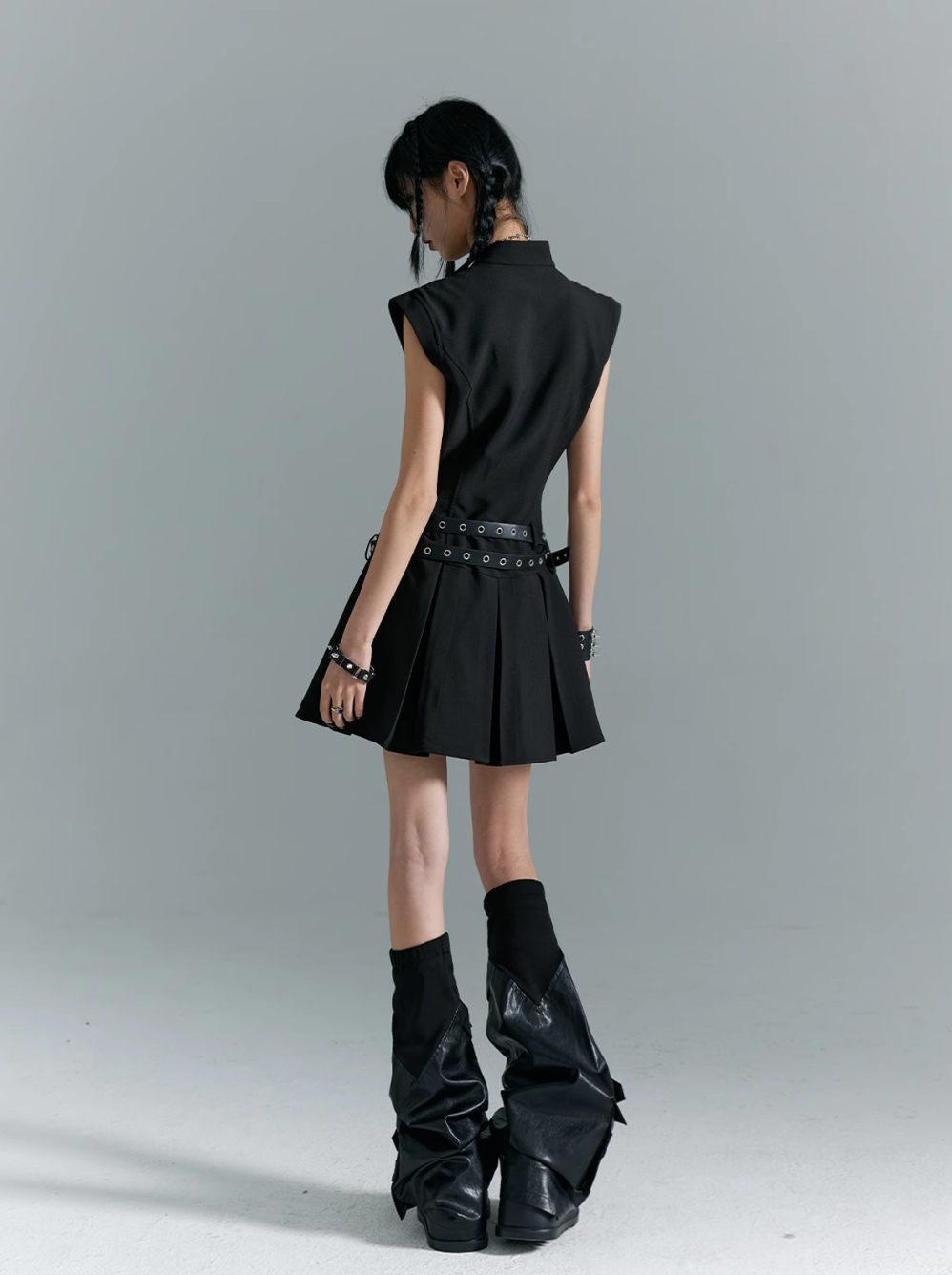 Frustration Garden Gothic Punk Mini Dress - Black Sleeveless A-line With Zipper Pockets and Belt