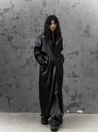 Frustration Garden Gothic Punk Maxi Coat - Black Faux Leather Trench With Oversized Collar and Asymmetrical Zip