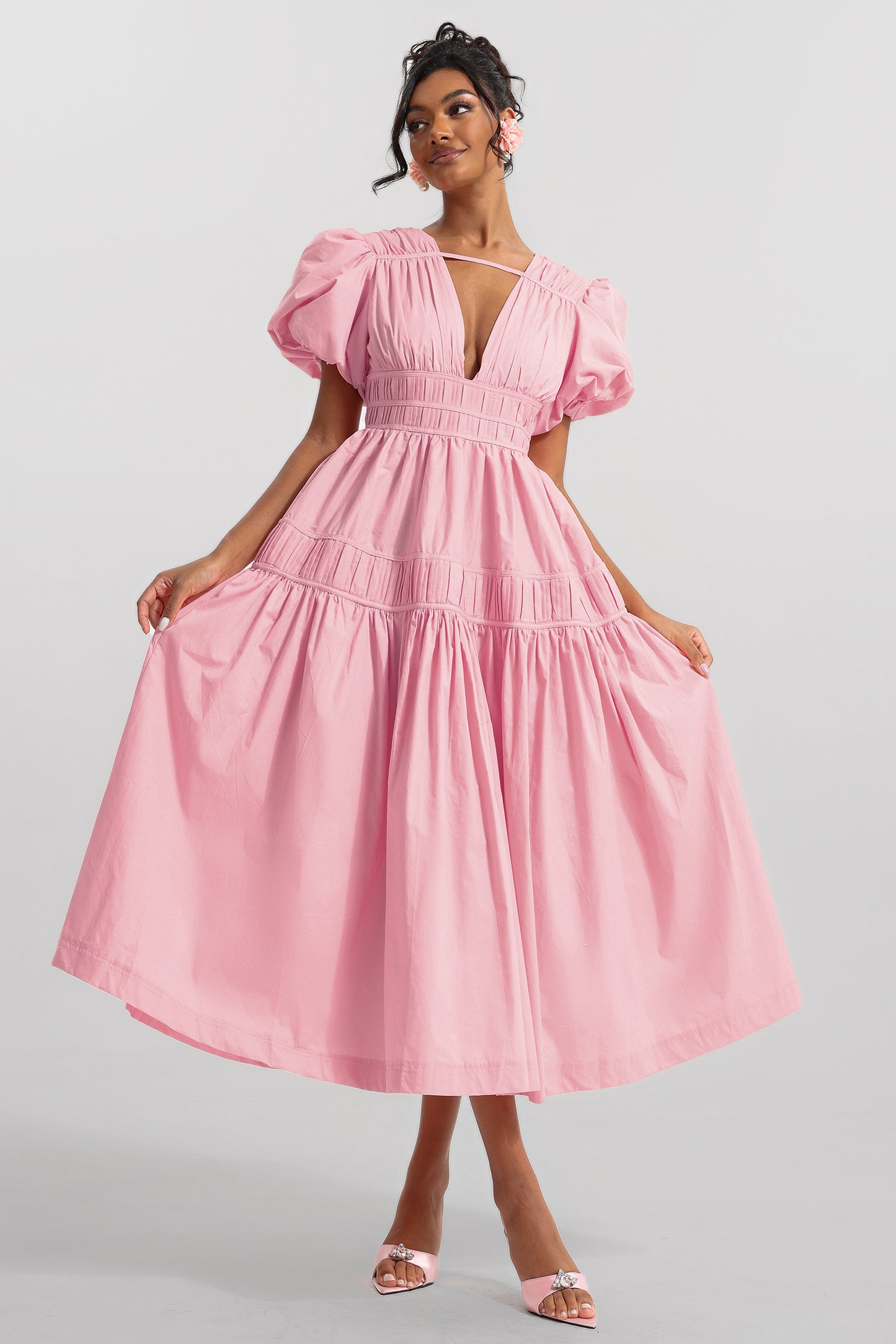 V-neck Puff Sleeve Midi Dress