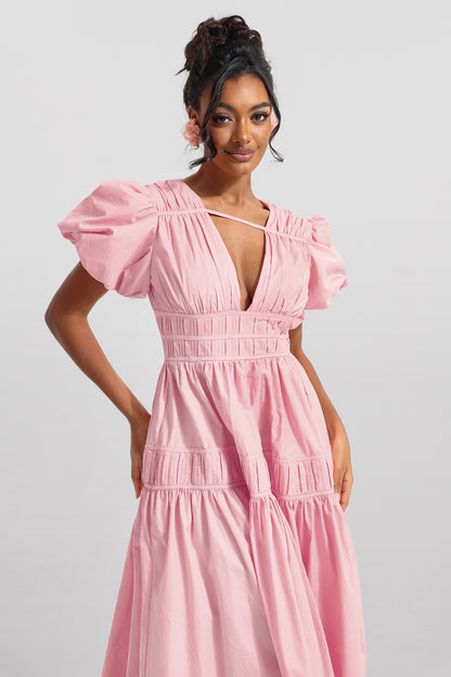 V-neck Puff Sleeve Midi Dress