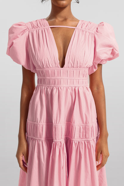 V-neck Puff Sleeve Midi Dress
