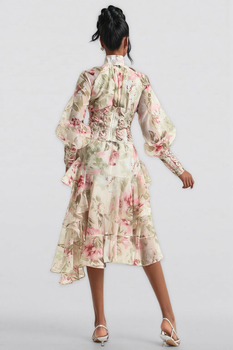 Arden Lantern Sleeve Stand Collar Mesh Midi Dress