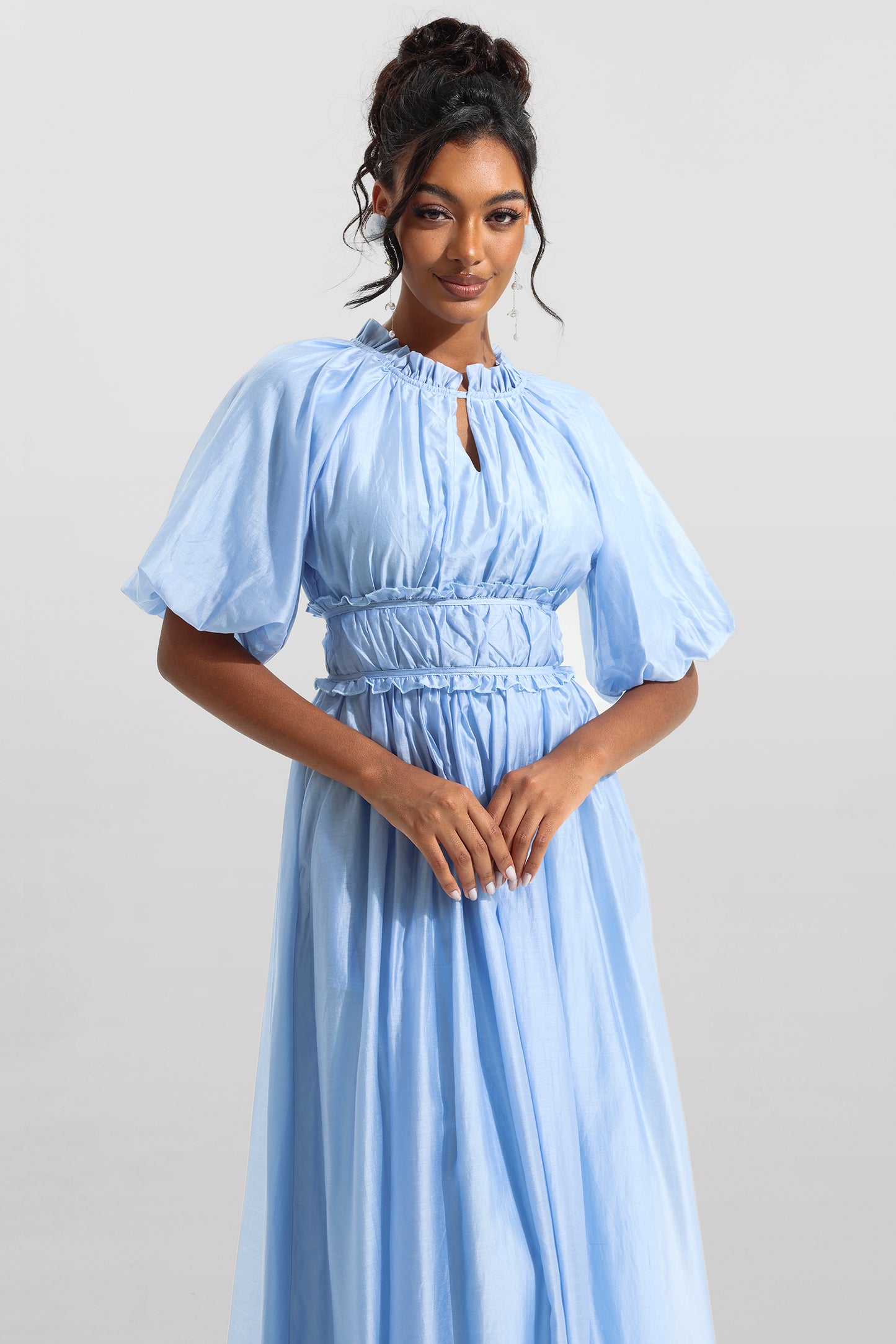 Chiffon Raglan Sleeve Frill Midi Dress