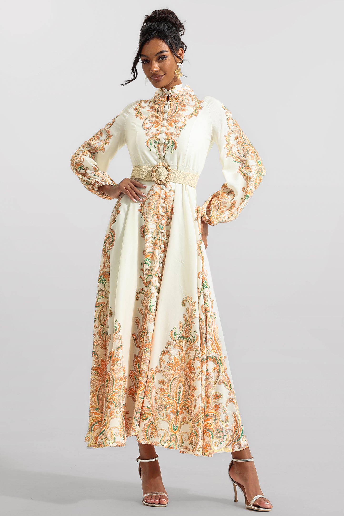 Paisley Print Lantern Sleeve Midi Dress