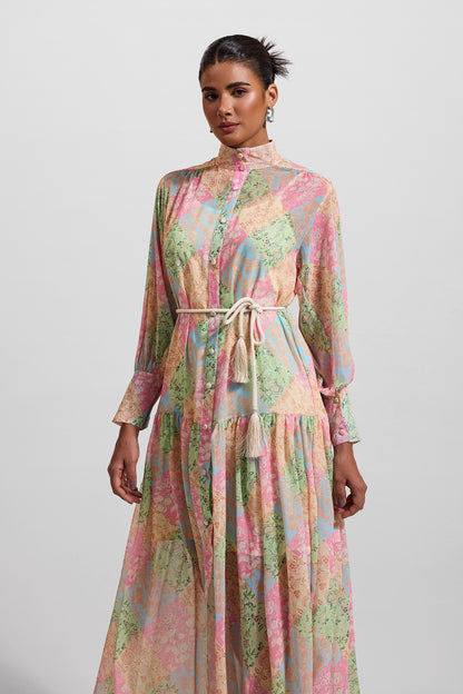 Lantern Sleeve Stand Collar Midi Dress