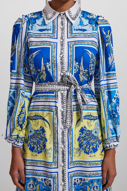 Paisley Print Lantern Sleeve Midi Dress With Belt