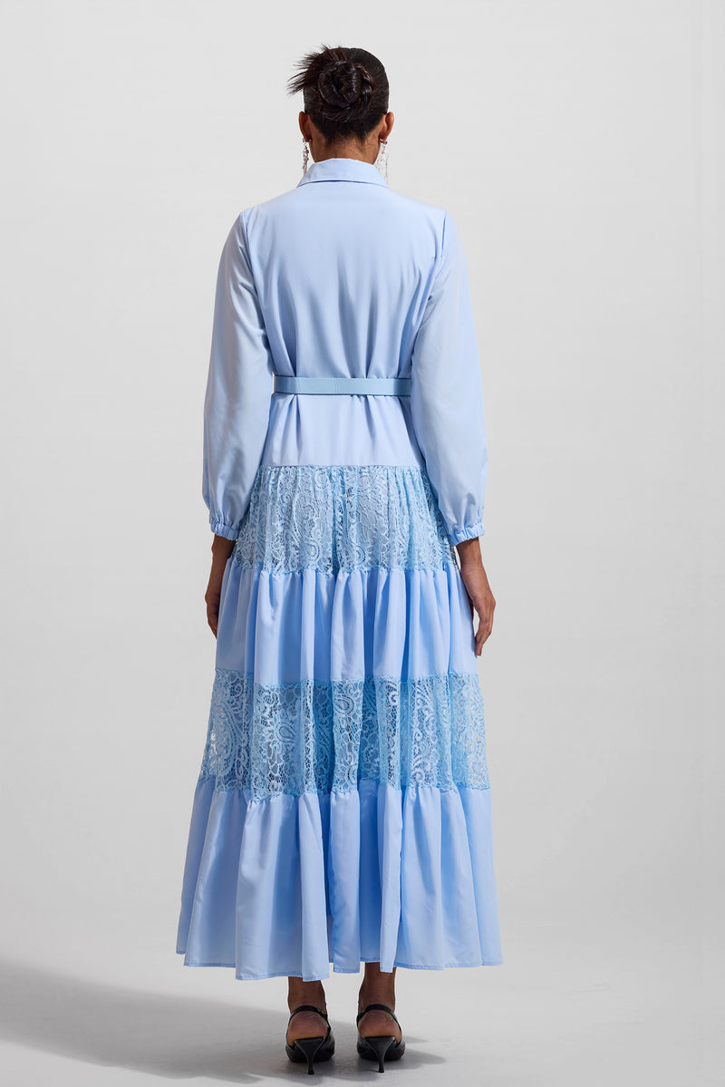 Lace Embroidered Rhinestone Lantern Sleeve Midi Dress