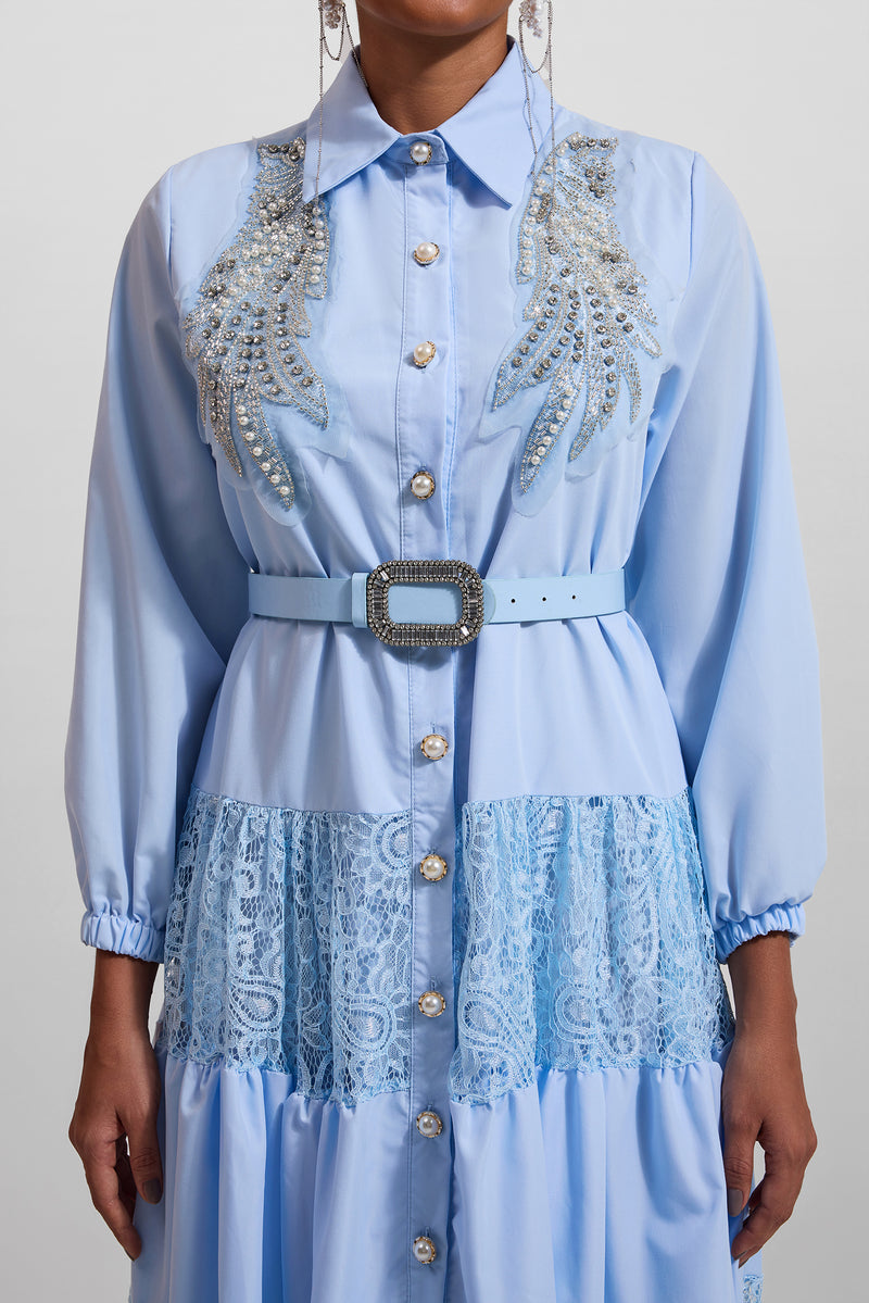 Lace Embroidered Rhinestone Lantern Sleeve Midi Dress