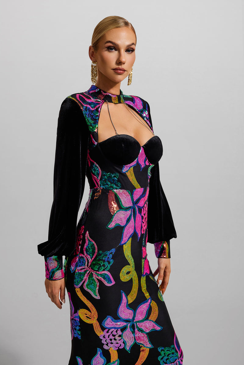 Sequin Velvet Lantern Sleeve Maxi Dress