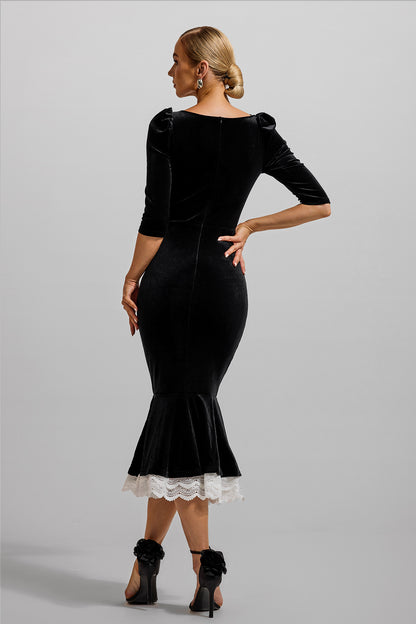 Velvet Lace Sweetheart Neck Midi Dress