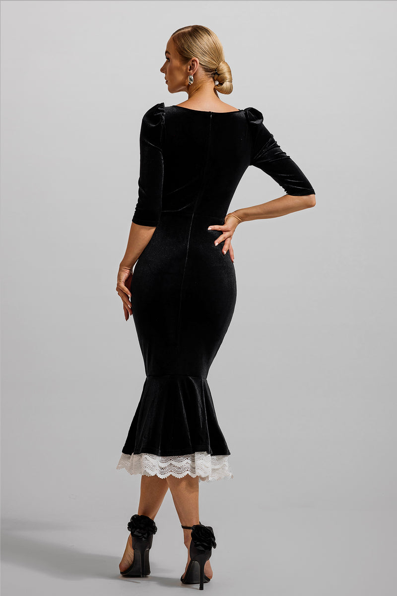 Velvet Lace Sweetheart Neck Midi Dress