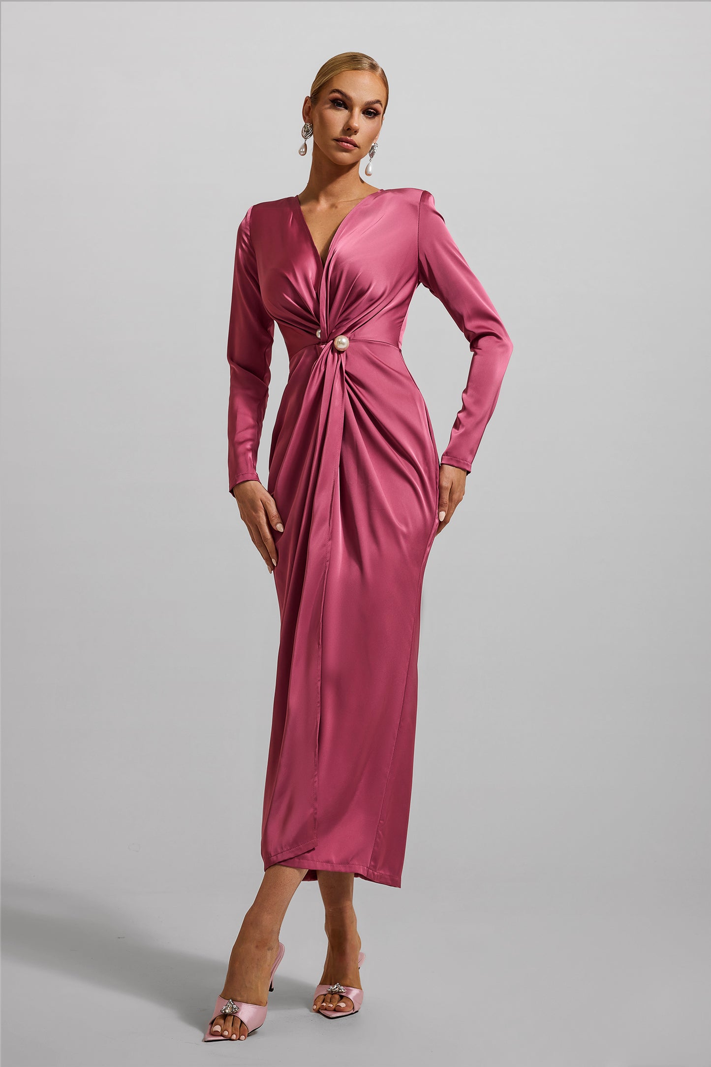 Satin Faux Pearl Knotted Midi Dress