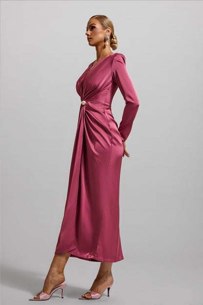 Satin Faux Pearl Knotted Midi Dress