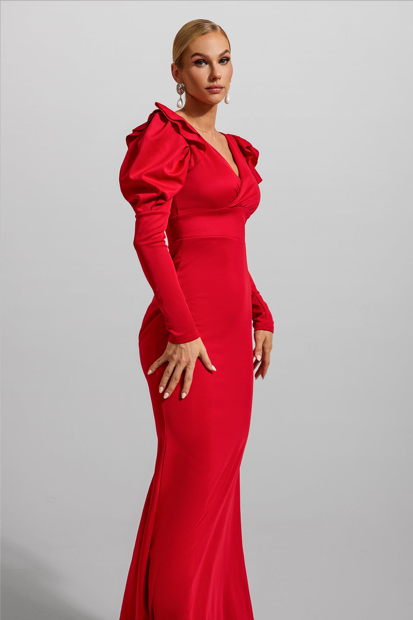Jersey V-neck Frill Maxi Dress
