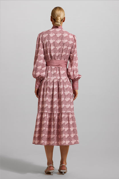 Geometric Patterns Lantern Sleeve Midi Dress With Belt