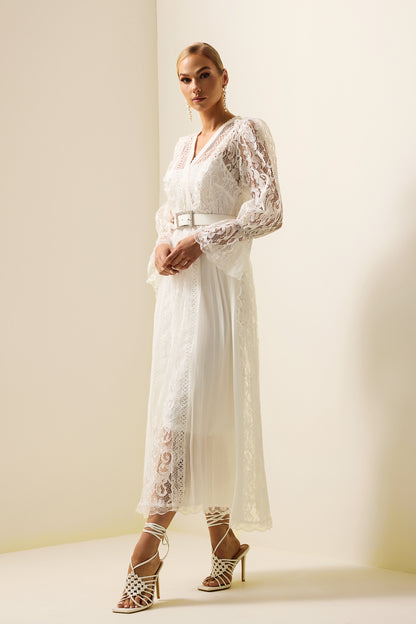 Lace Long Sleeve Midi Dress With Belt