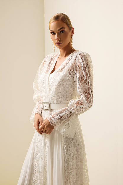 Lace Long Sleeve Midi Dress With Belt