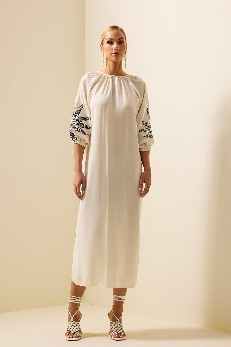 Embroidered Puff Sleeve Midi Dress