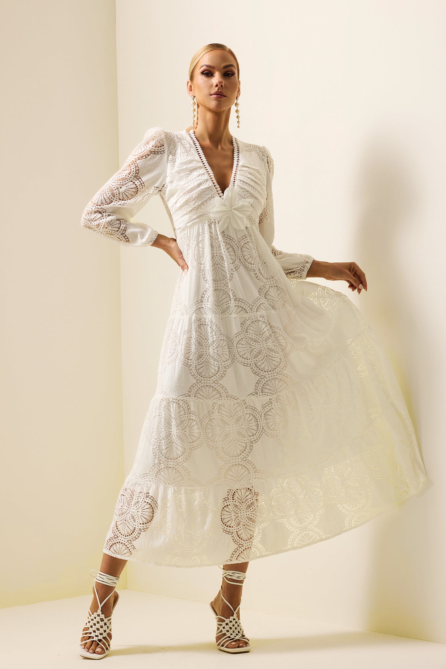 Lace 3d Flower Long Sleeve Midi Dress White