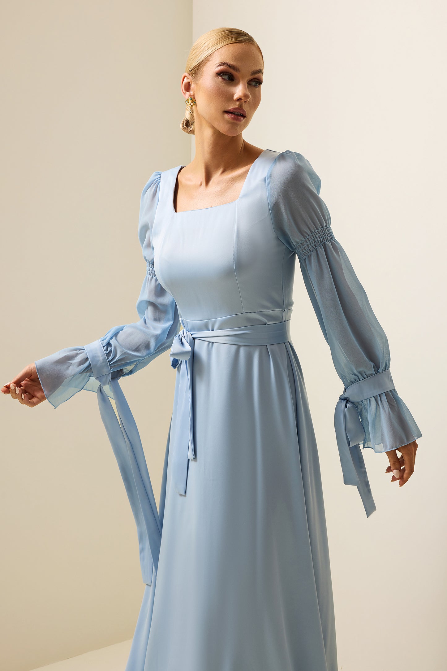 Satin Square Neck Maxi Dress With Belt