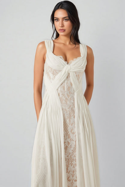 Layana White Lace Pleated Maxi Dress