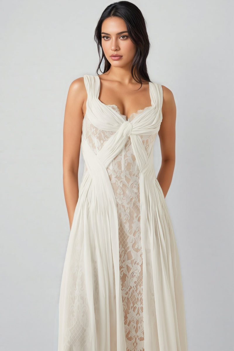 Layana White Lace Pleated Maxi Dress