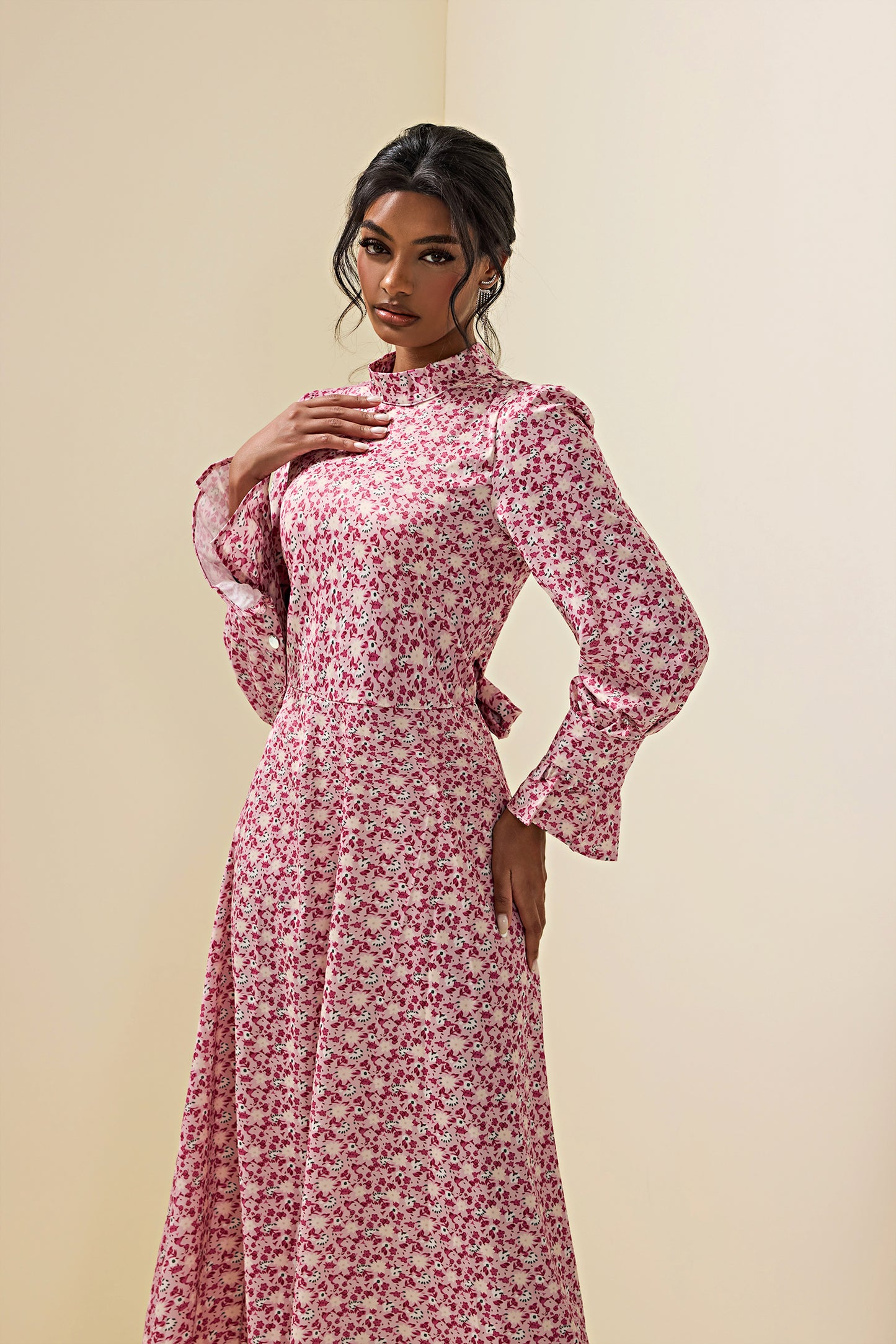 Lace Up Long Sleeve Midi Dress