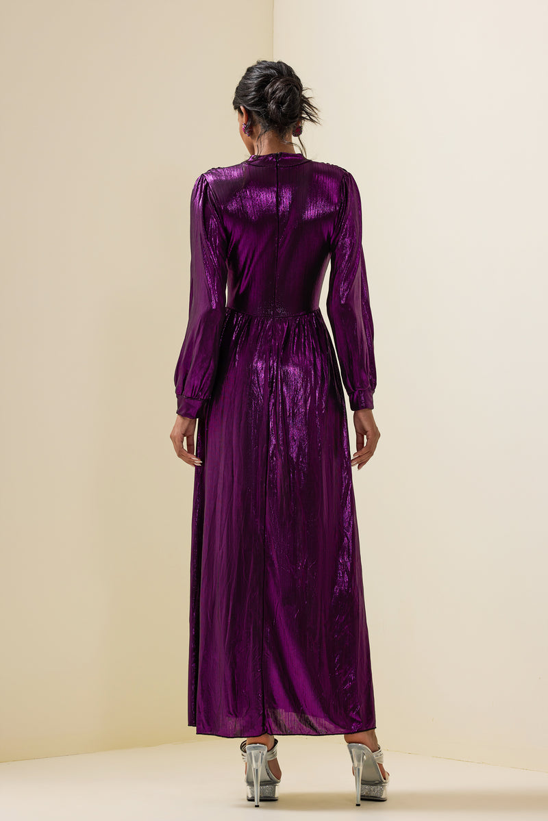 Lantern Sleeve Split Midi Dress