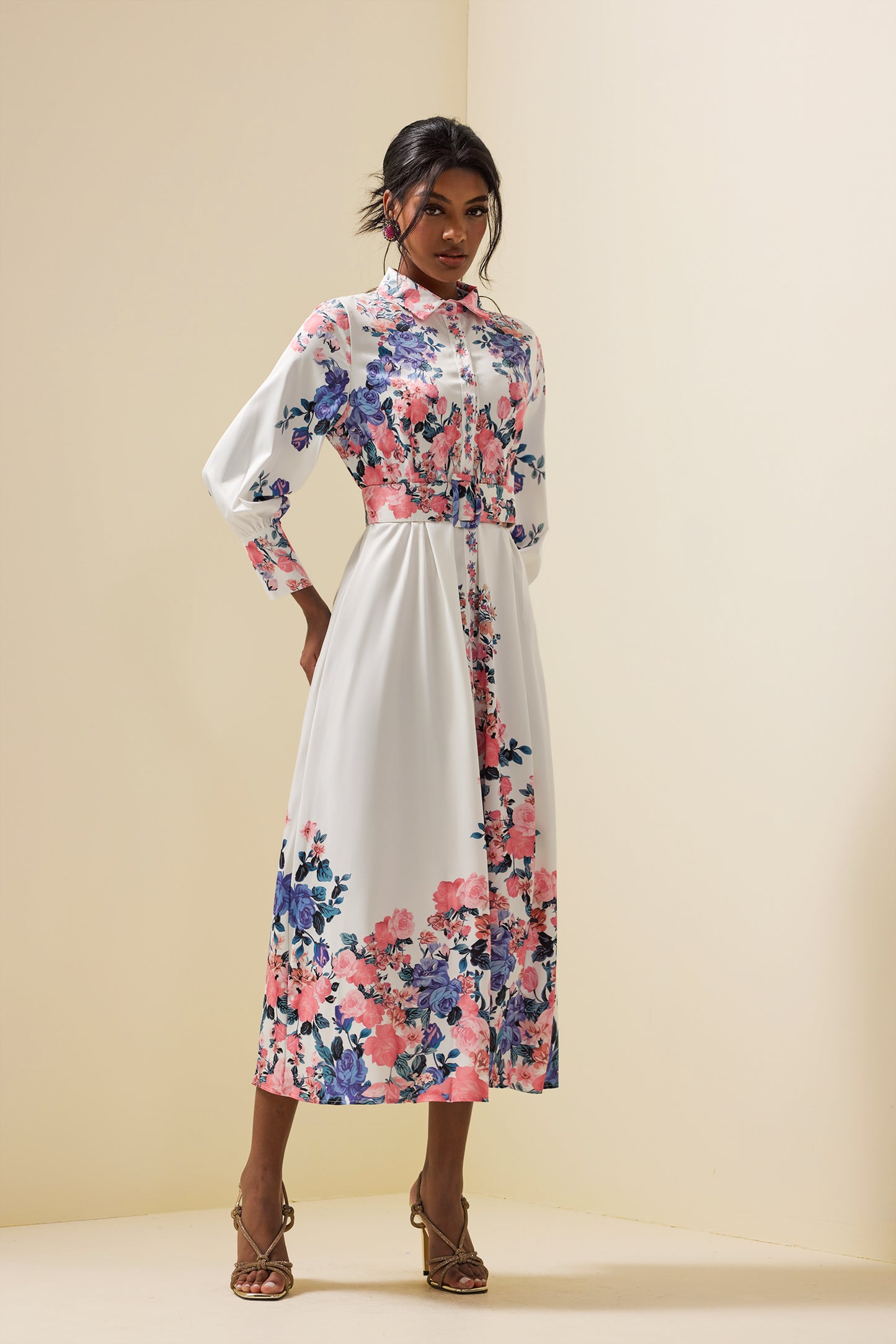 Shirt Collar Midi Dress With Belt