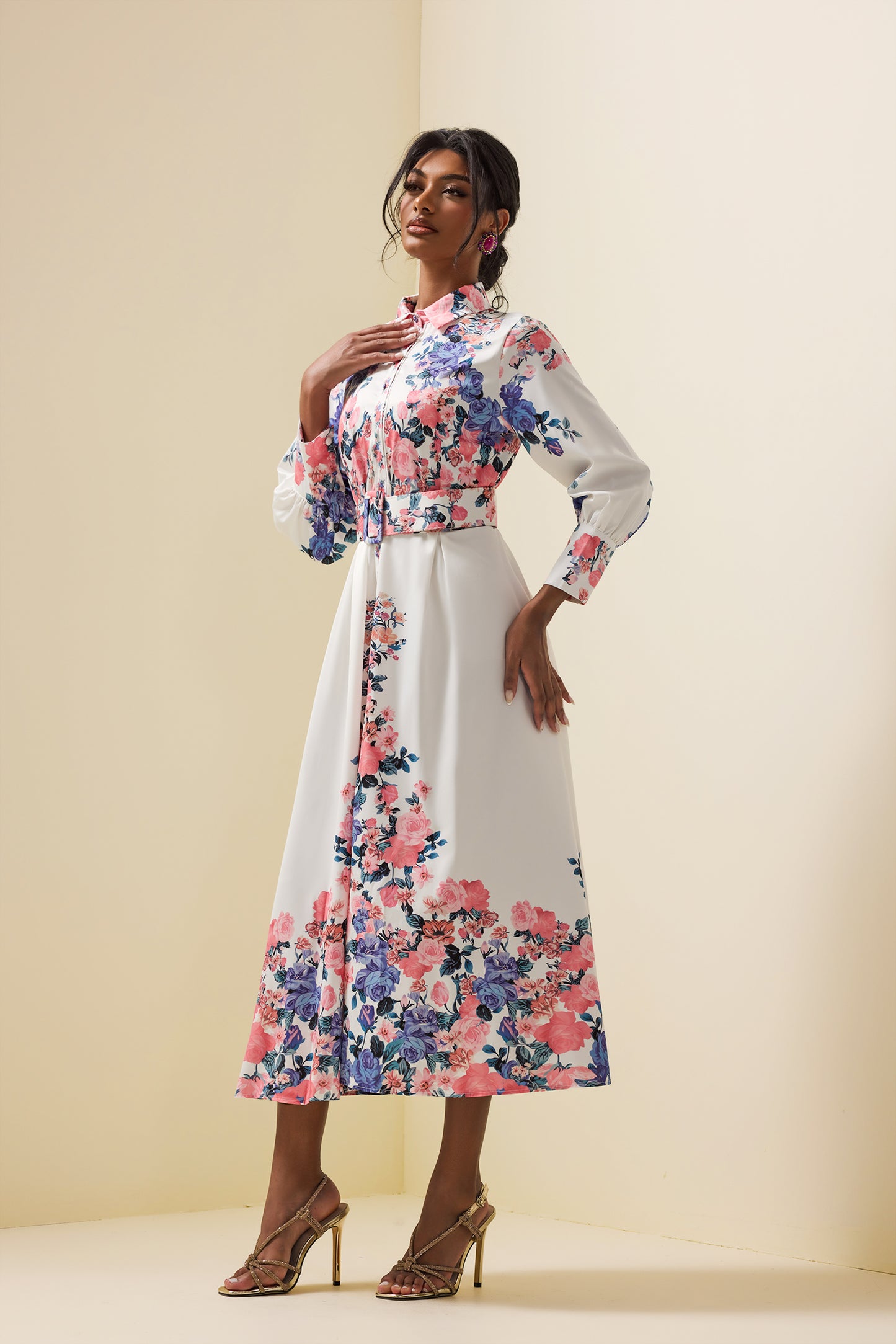 Shirt Collar Midi Dress With Belt