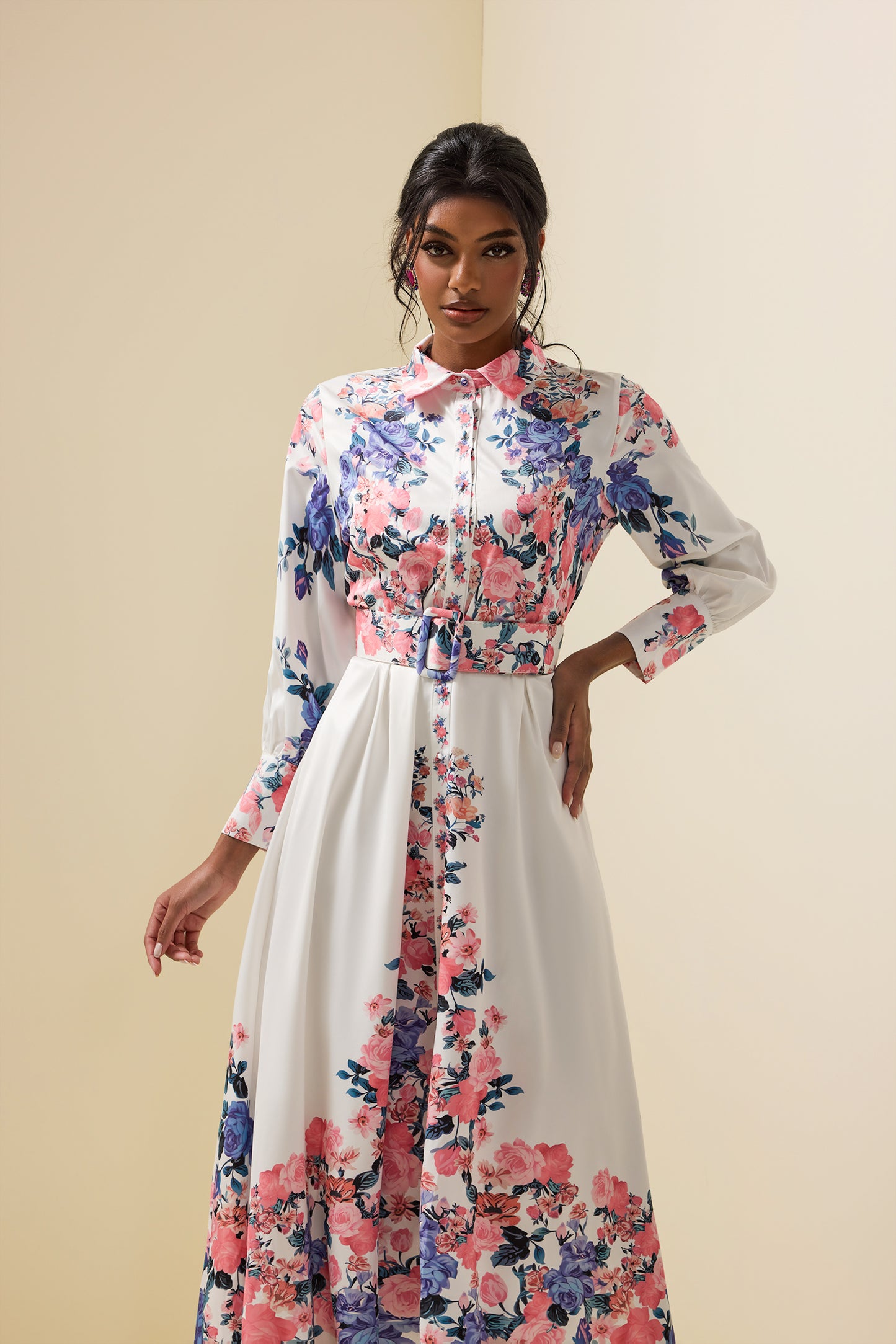 Shirt Collar Midi Dress With Belt
