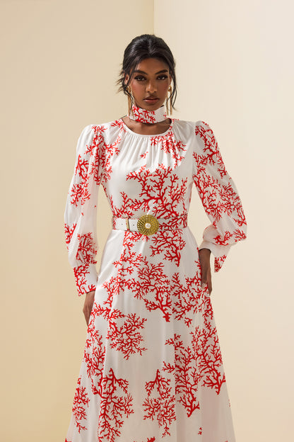 Botanical Print Lantern Sleeve Midi Dress With Belt