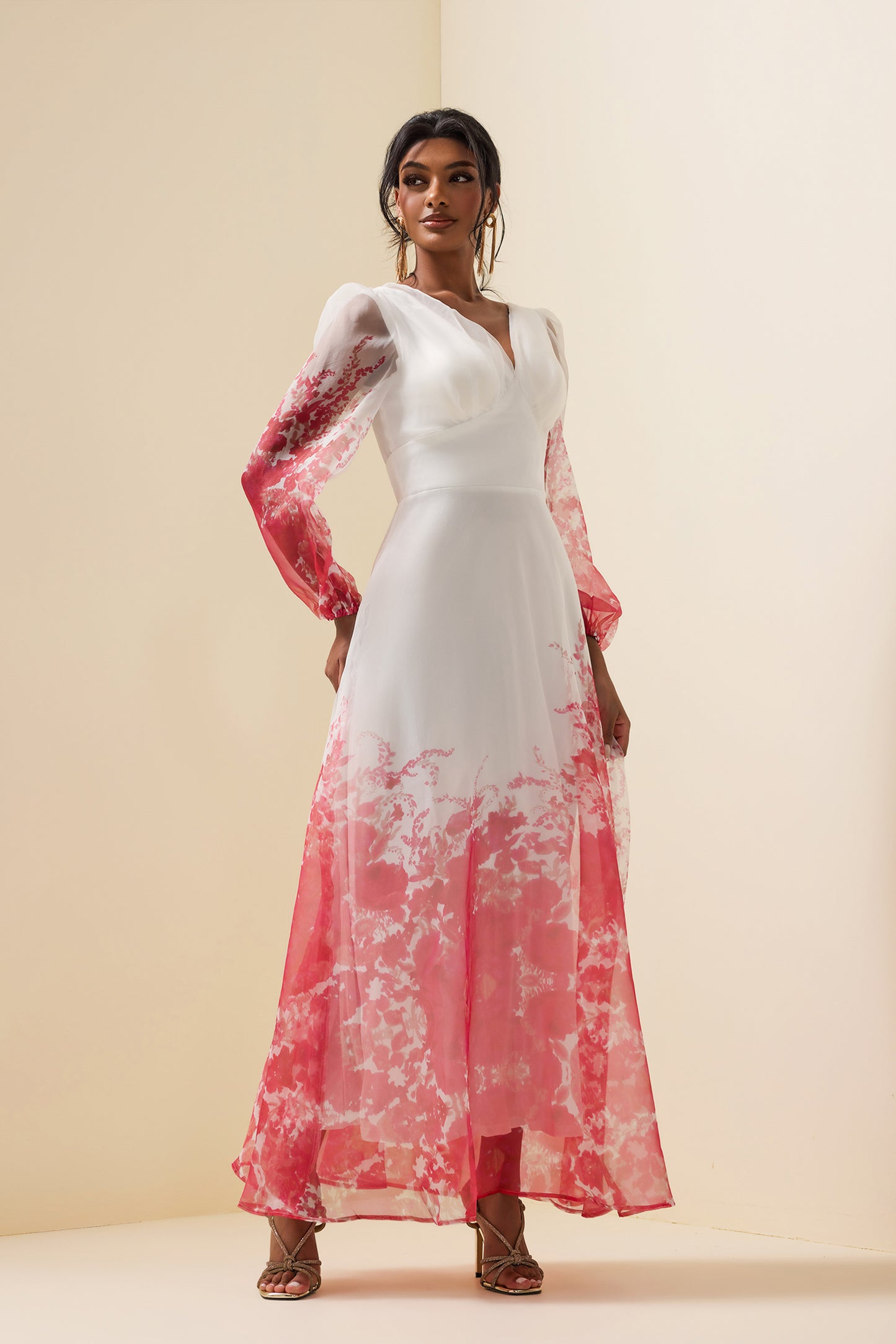 V-neck Lantern Sleeve Maxi Dress
