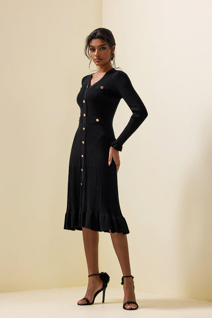 Jersey Single Breasted Long Sleeve Midi Dress