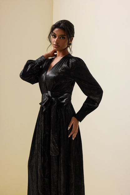Jacquard Lantern Sleeve Warp Midi Dress