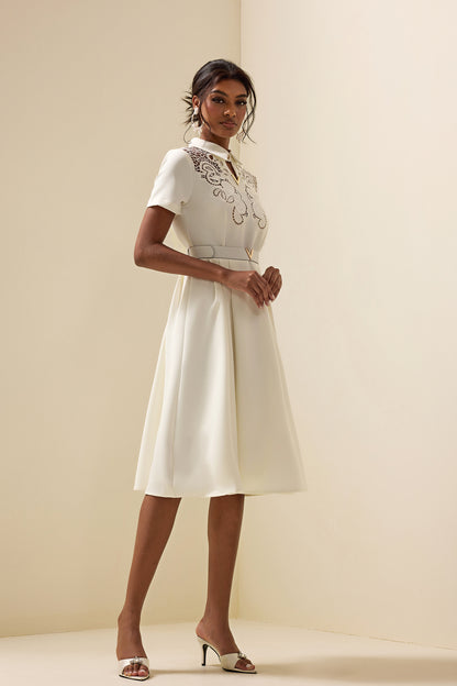 Embroidered Shirt Collar Midi Dress With Belt White