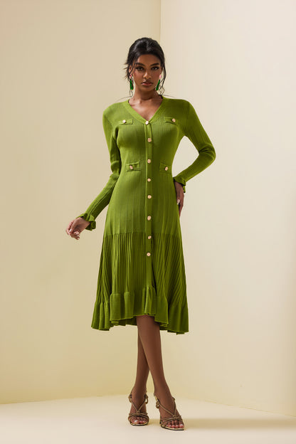 Jersey Single Breasted Long Sleeve Midi Dress