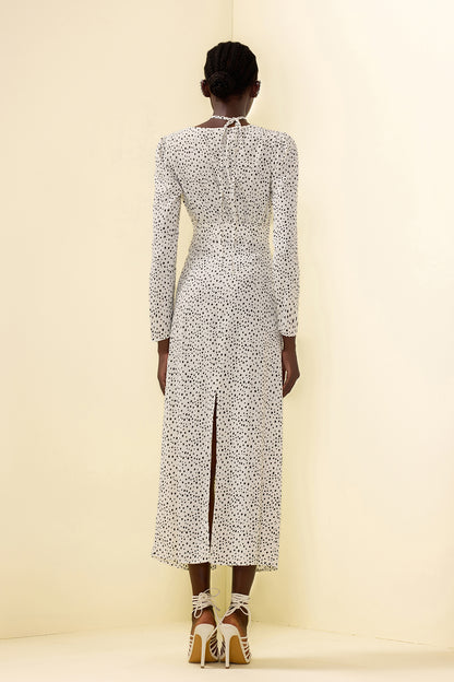 Polka Dot 3d Flower Ruched Midi Dress