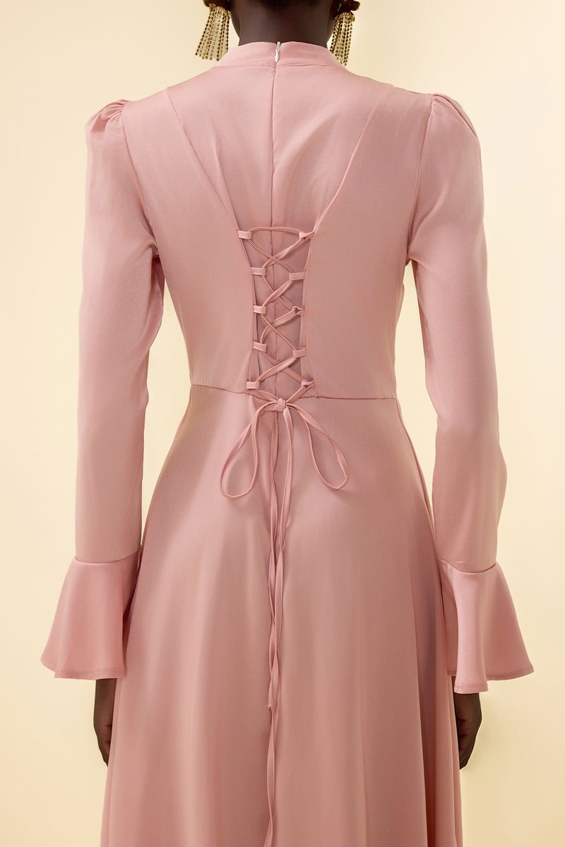 Satin Stand Collar Ball Sleeve Midi Dress