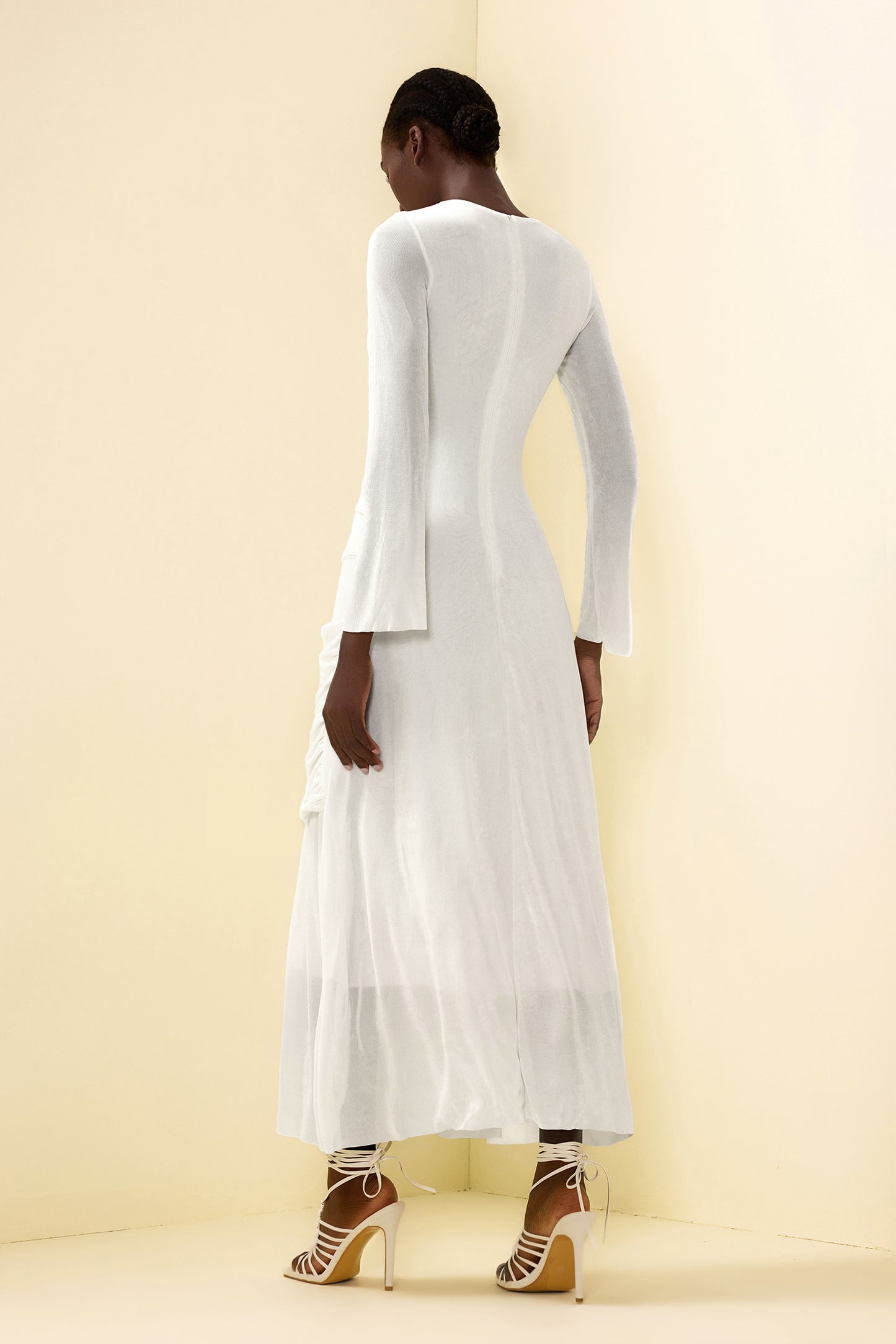 Knit Ruched Long Sleeve Maxi Dress White