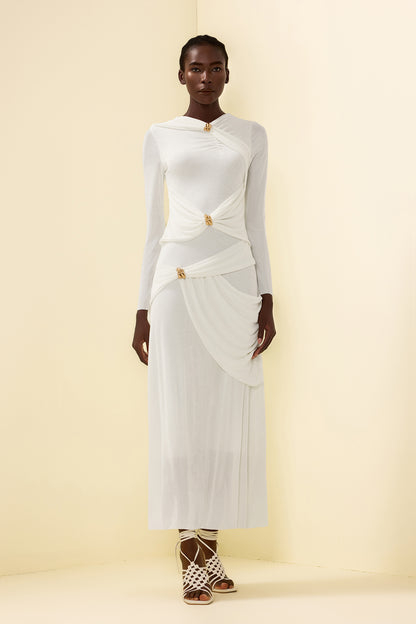 Knit Ruched Long Sleeve Maxi Dress White