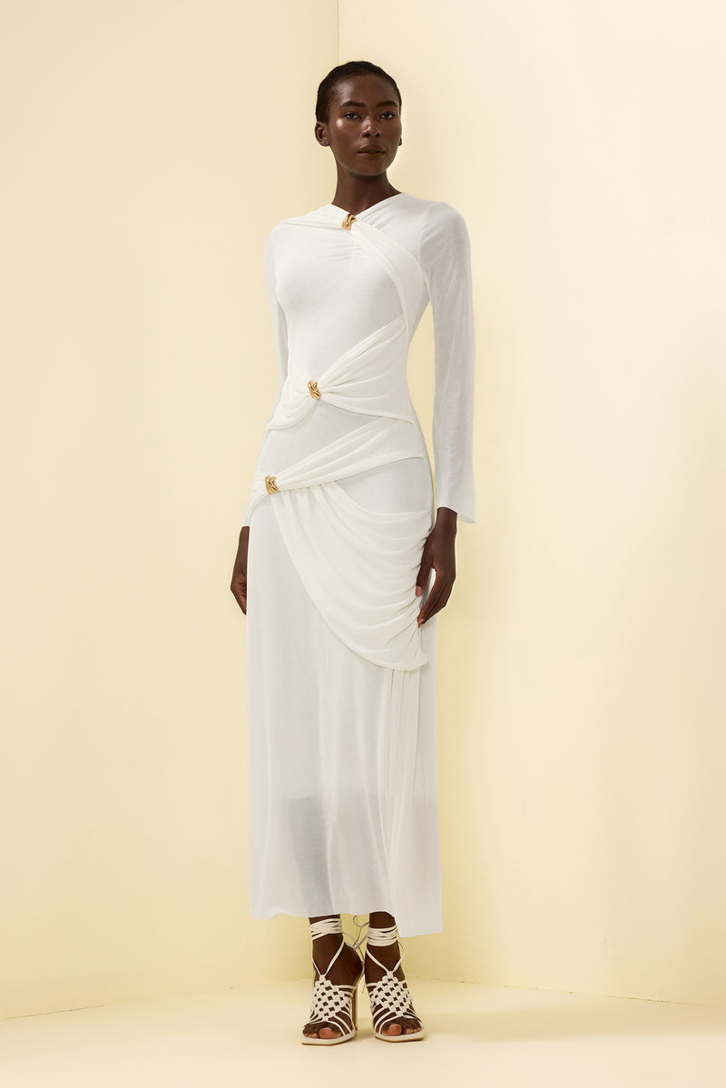 Knit Ruched Long Sleeve Maxi Dress White