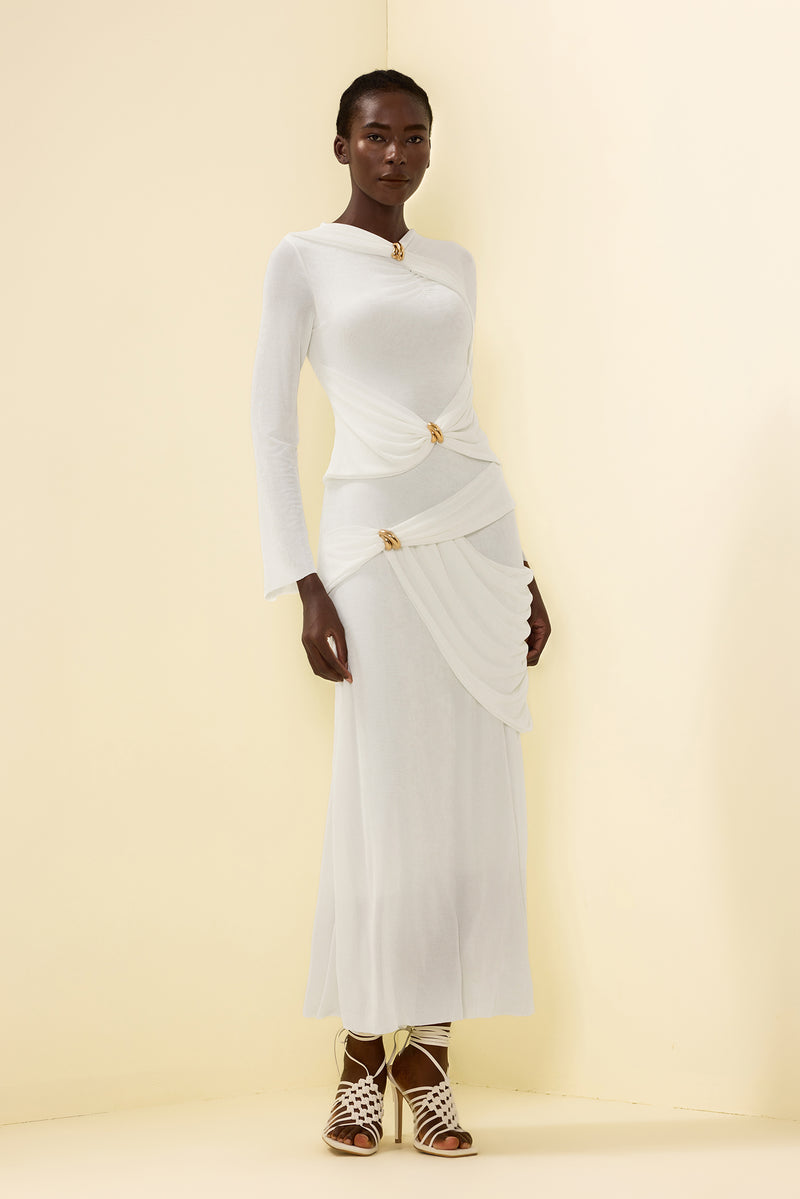 Knit Ruched Long Sleeve Maxi Dress White
