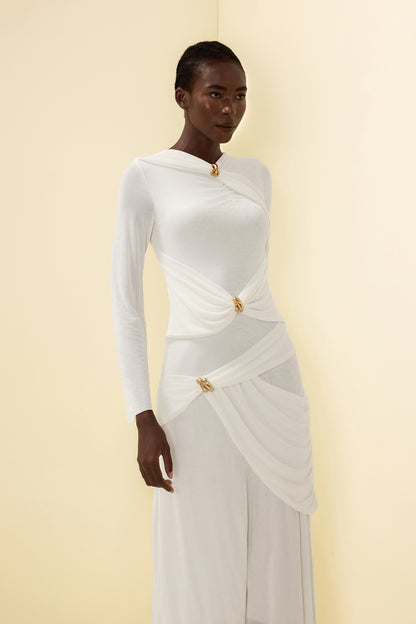 Knit Ruched Long Sleeve Maxi Dress White