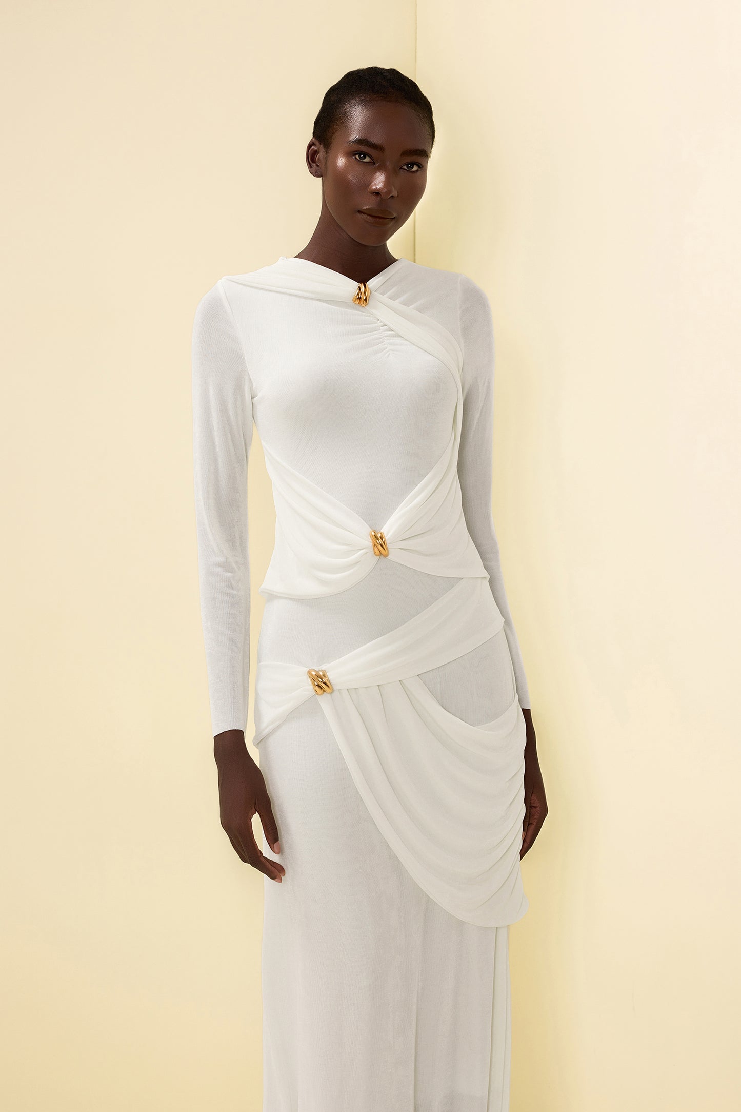 Knit Ruched Long Sleeve Maxi Dress White