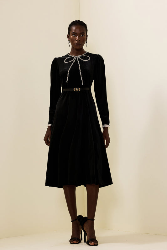 Velvet Rhinestone Bow Midi Dress