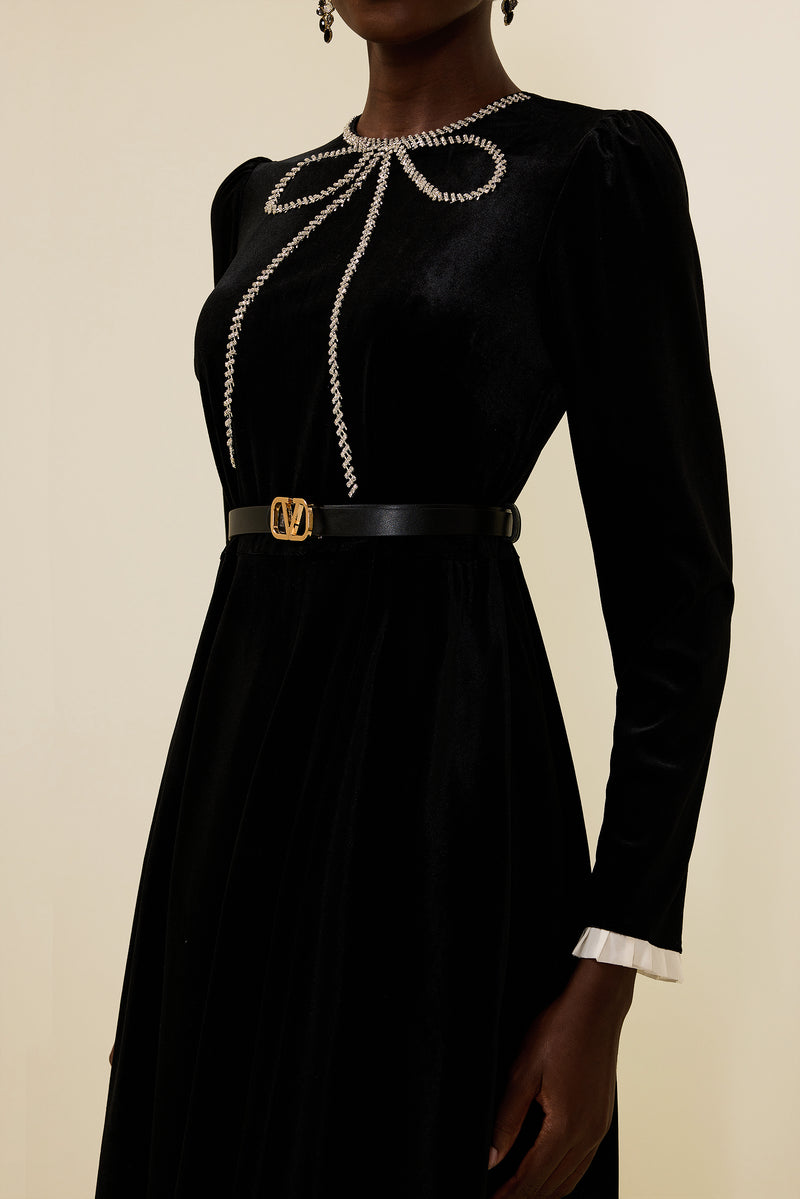 Velvet Rhinestone Bow Midi Dress